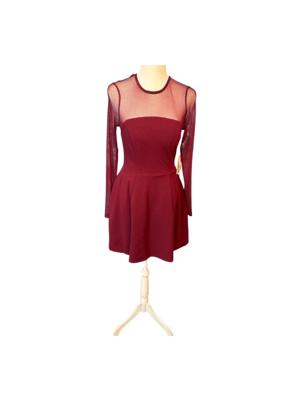 NWT City Vibe Burgundy Mesh Long Sleeve Fit & Flare Dress Small